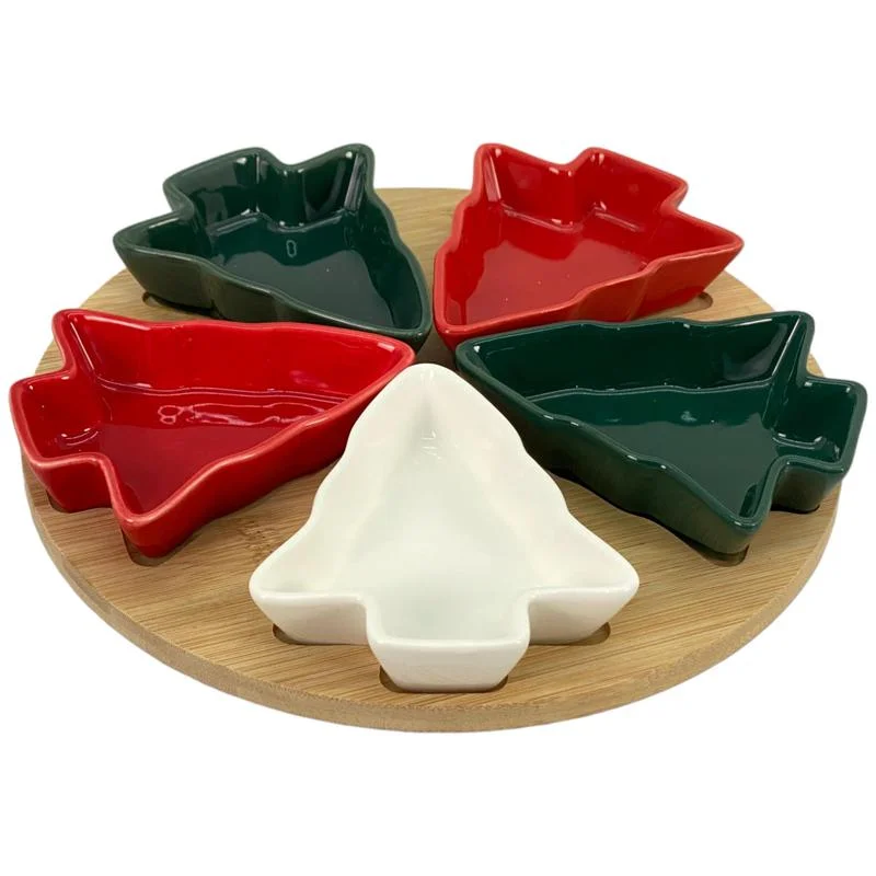 Juego de platos para dips con bandeja de porcelana y bambú, 6 piezas – Zona Muebles
