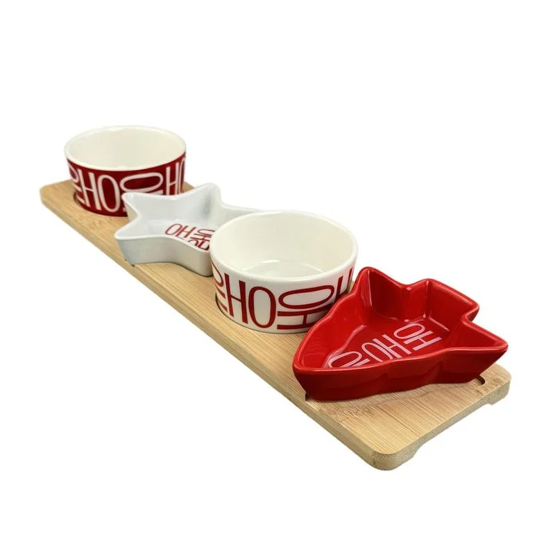 Juego de tazones con bandeja de bambú y porcelana, 5 piezas, para Navidad – Zona Muebles